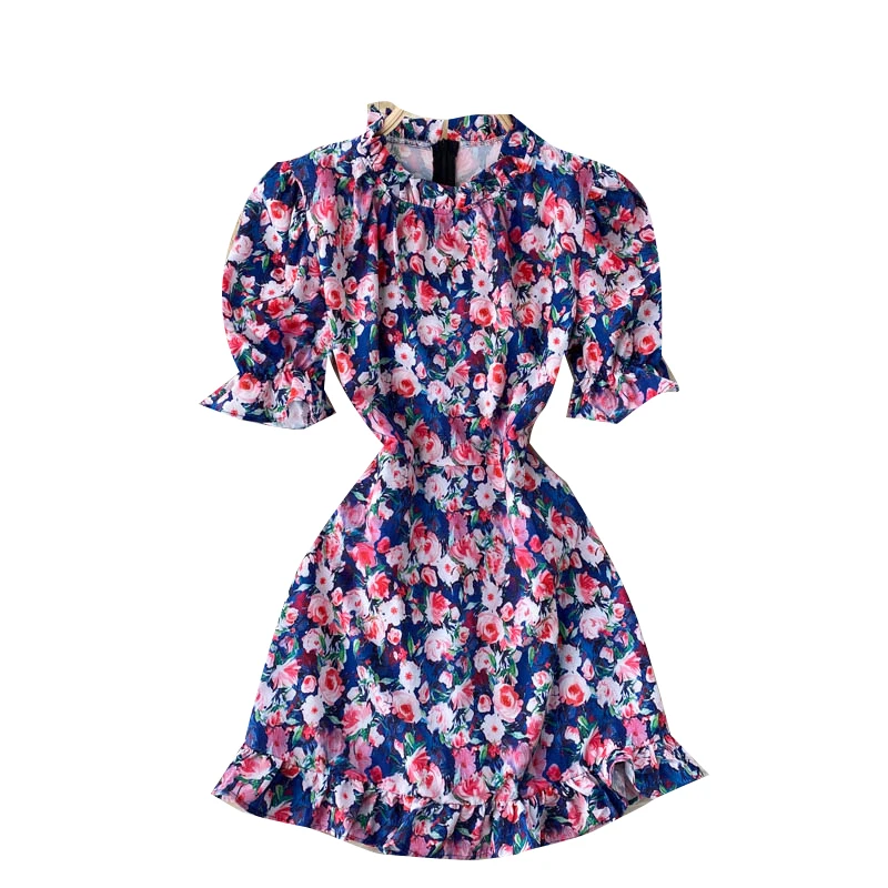 

Summer New Waist Slimming Vestidos Female Sweet Wood Ears Round Neck Minus Age Puff Sleeve Print Mini Dress DK1110