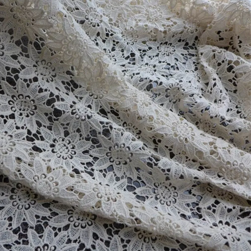 

Beige Cotton Fabric Sunflowers Embroidery Lace Fabric Hollow Floral Guipure Lace Fabric for Party Dress Summer Dress 1 Yards/Lot