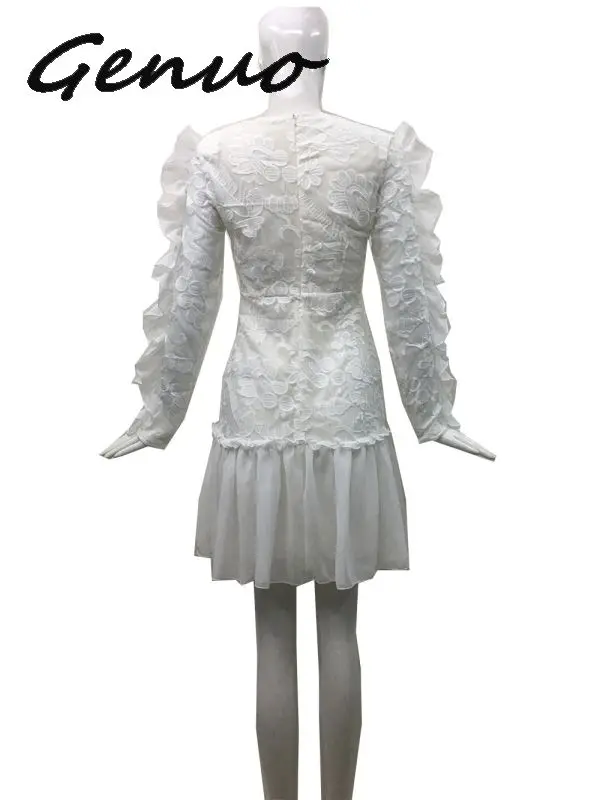 

Genuo New 2019 Autumn Deep V Neck Sexy Women Dress Ruffles Flower Embroidery Long Sleeve Elegant Women Mini Dresses
