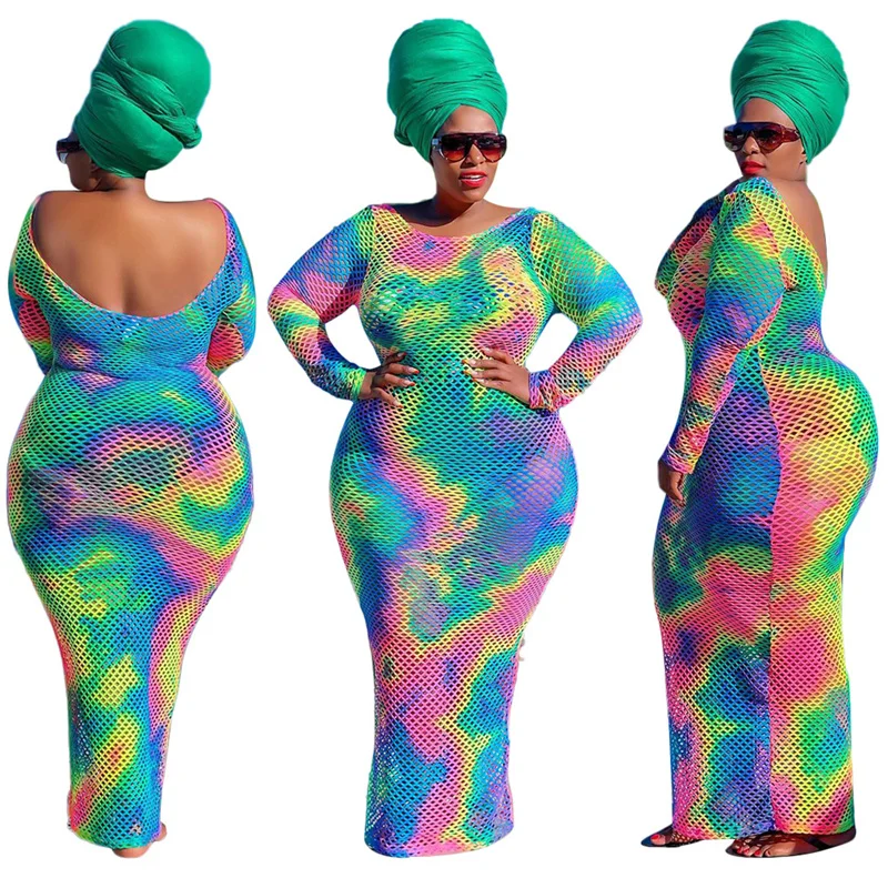 

Plus Size Mesh Dresses for Women Wholesale Elegant Sexy Long Sleeve Party See Through Beach Maxi Dress Summer 2021 Dropshipping
