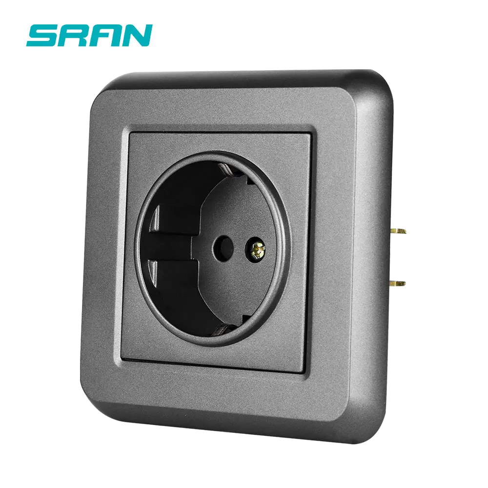 Розетка SRAN силовая 16A 250V белого цвета, изготовленная из огнестойкого ПК-панели с железной пластиной и железными когтями, соответствует стандарту ЕС для розеток.