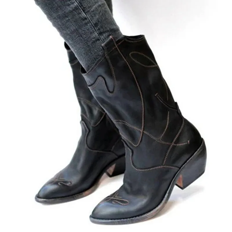 Laamei Women's Western Boots Winter Mid Tube Knight Boot Lady Retro Rome Slip-On Low Heel Leather Shoes Wide Calf Cowboy Botas