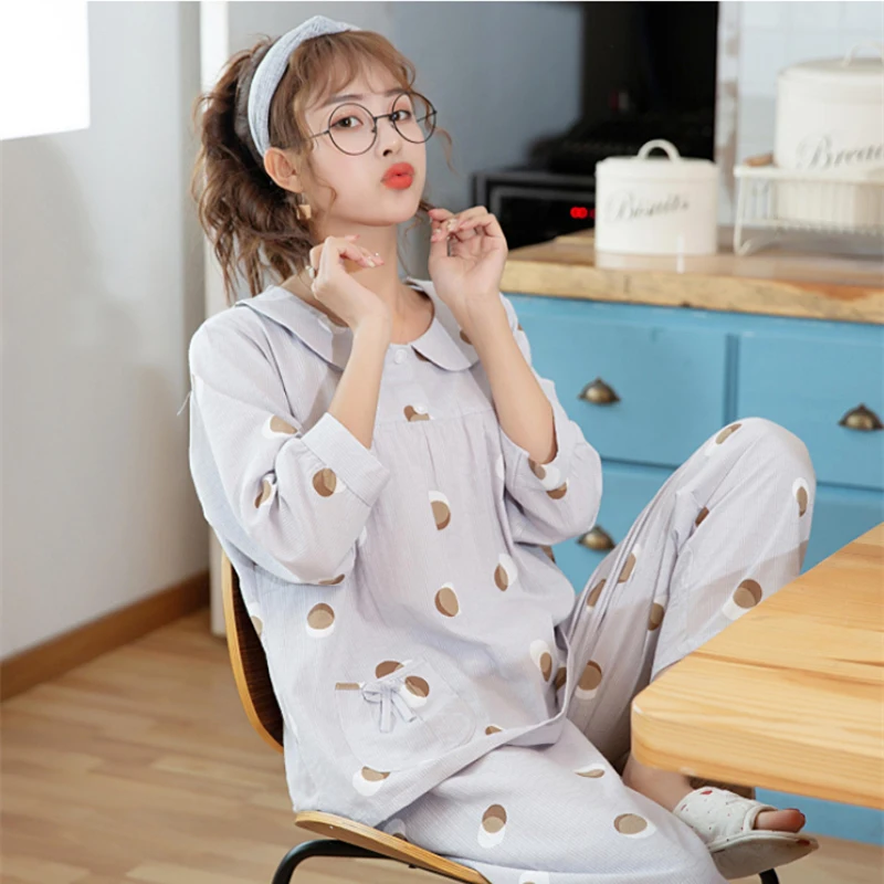 

Female Long-Sleeved Sweet Cute Sleepwear Princess Style Doll Collar Comfortable Cotton Nighties Spring And Summer Cotton Pajamas