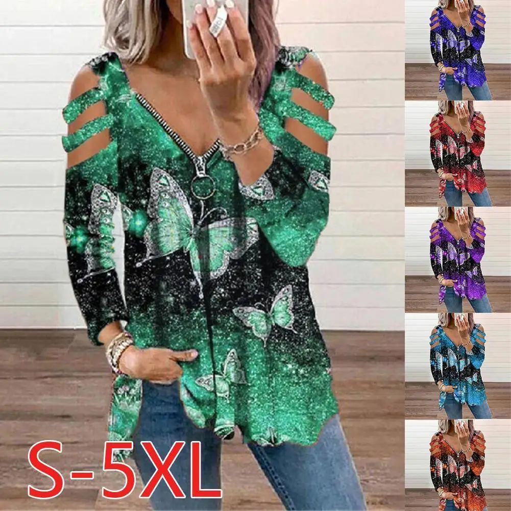 

Women's Western Style Butterfly Printed V-neck Zipper Full Clothing Oversized New Tee Shirt T-shirt Top T-shirt sleeve Summ B8B7