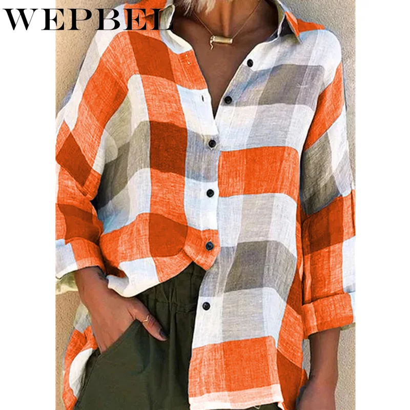 

WEPBEL Women's Fashion Matching Color Long Sleeve Loose Turn Down Collar Plaid Shirt S-5XL