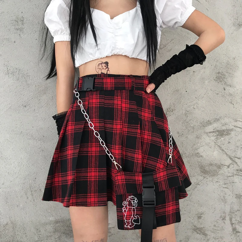 Harajuku Plaid Skirt Women Japanese Jk High Waist with Chain Pocket Mini Summer Streetwear Goth Punk Red Pleated Skirts | Женская одежда