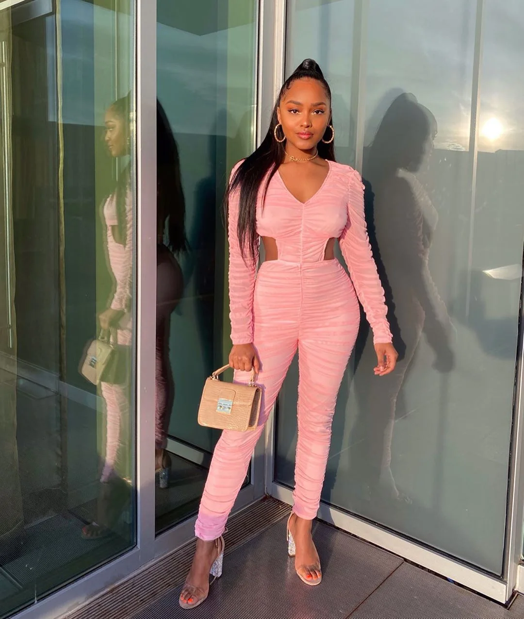

Women's Jumpsuit Pink Autumn New Pleated Waist Hollow Long-Sleeved Tight-Fitting V-Neck Jumpsuit Sexy Trousers Party Club