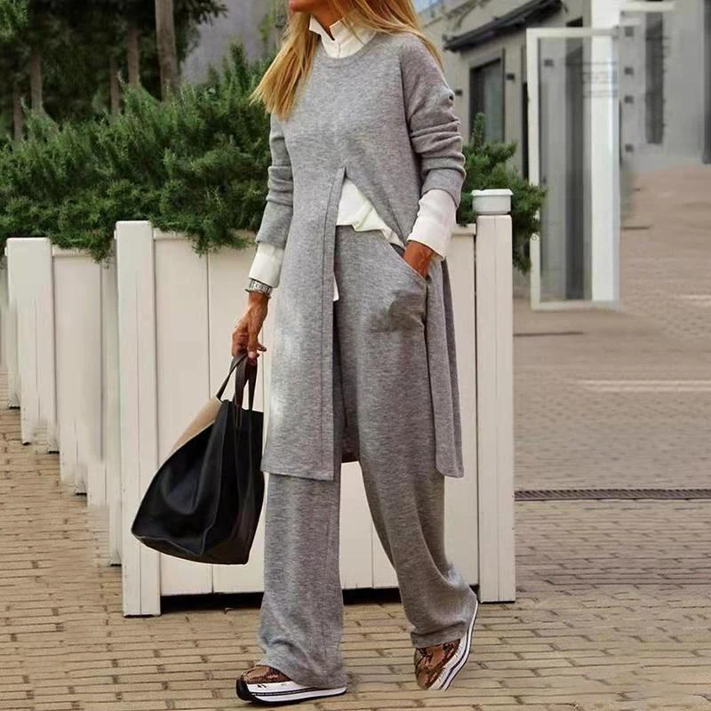 

Fashion Casual O Neck Long Tops And Pocket Sweatpants Suits Streetwear Simple Two Piece Sets Solid Women Slit Sweatshirt Outfits