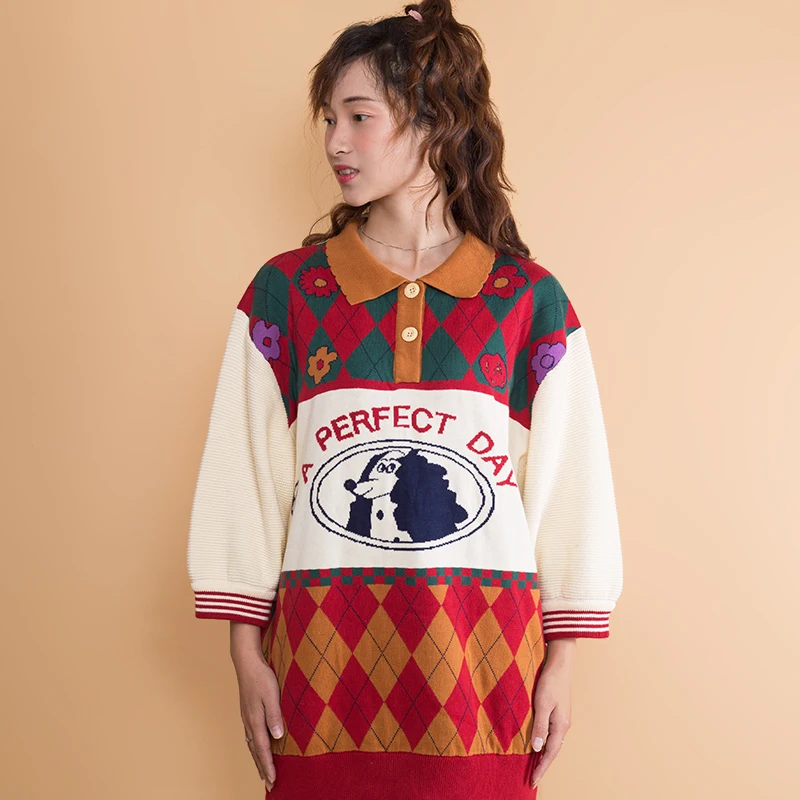 Женский трикотажный пуловер YUPINCIAGA жаккардовый свитер с отложным воротником и