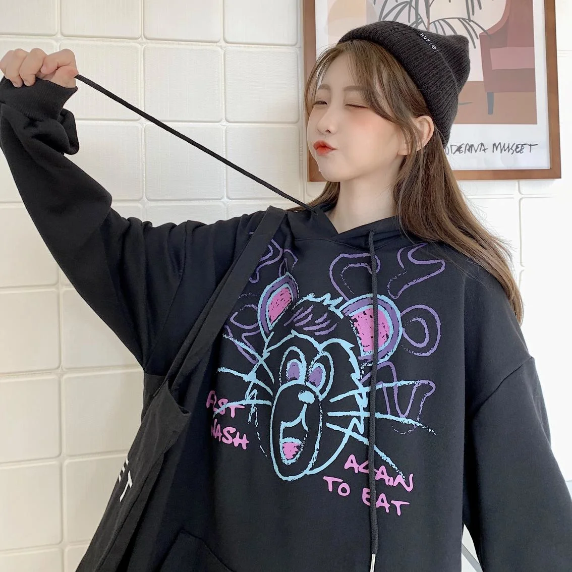 Женская кашемировая толстовка с капюшоном свободная круглым вырезом и длинным