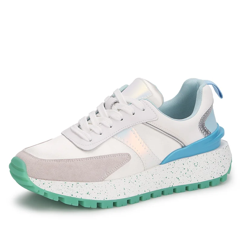 

Chunky Sneakers Women Cow Leather Mesh Retro Casual Shoes Platform Lace-Up Trainers Handmade