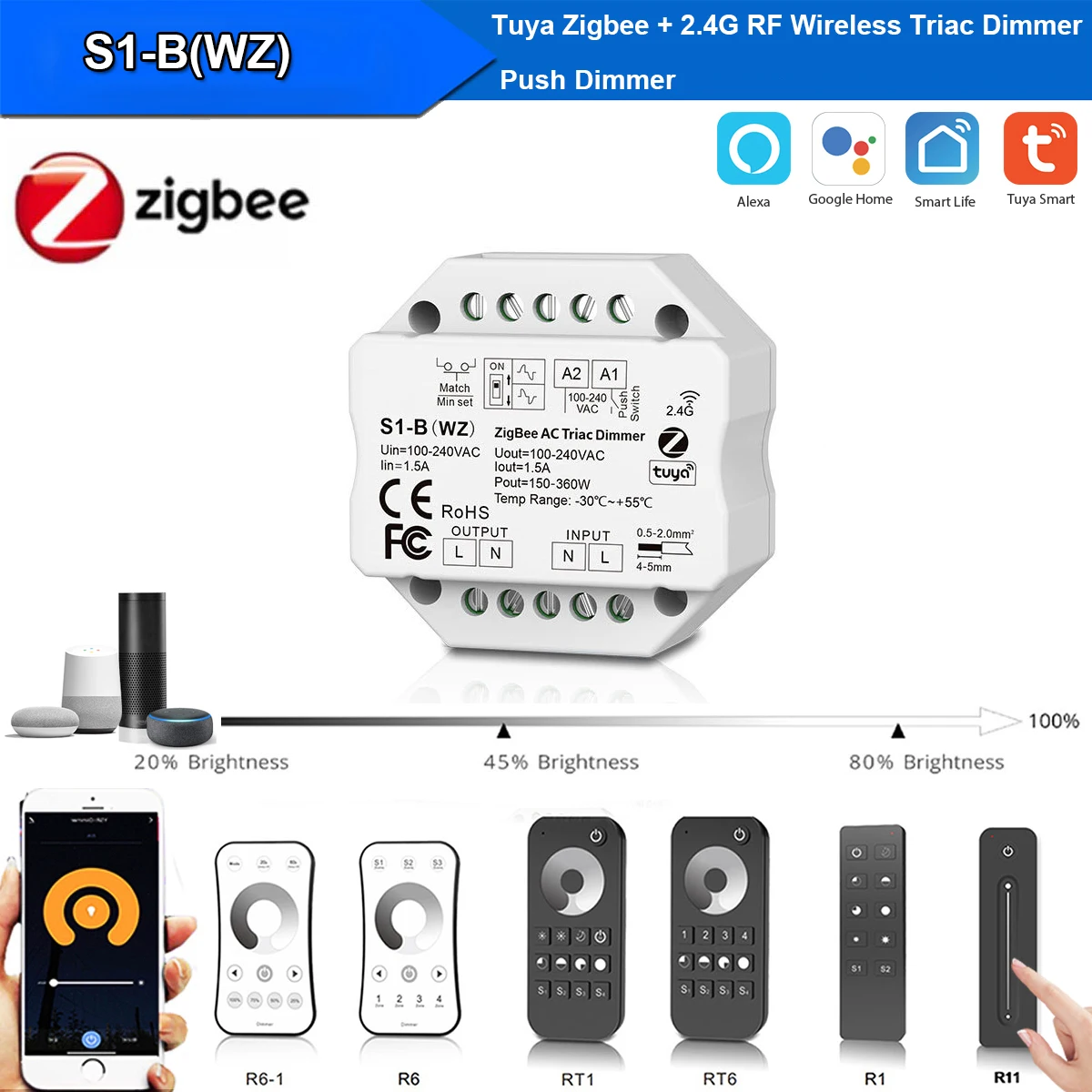 

Zigbee 3.0 Tuya S1-B AC110V-220V Triac LED Wireless RF Dimmer Push Switch 2.4G Wireless dimming Remote Controller For Alexa Echo