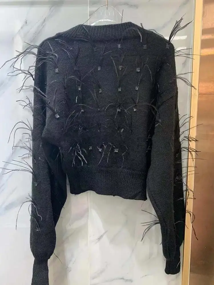 

Heavy Women's Craft Spring Feather Tassel Sweater Fashion T-shirt 2021New Women's Long Sleeve V-neck Party Sexy Top Pullover XL