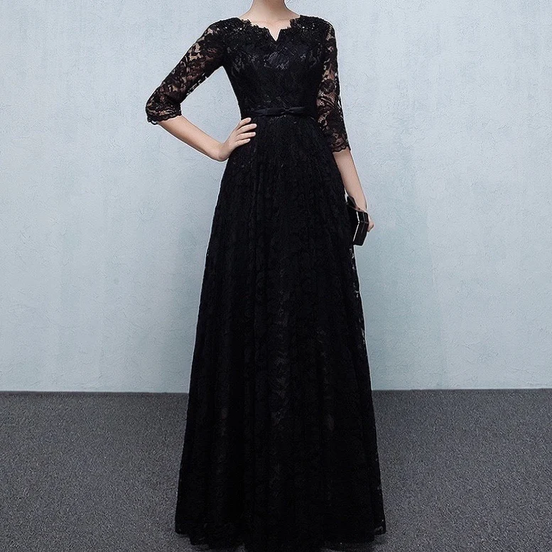 

New Elegant Black Mother of Bride Dresses 3/4 Sleeves A Line 2021 V Neck Beading Lace Women Wedding Formal Evening Party Gowns