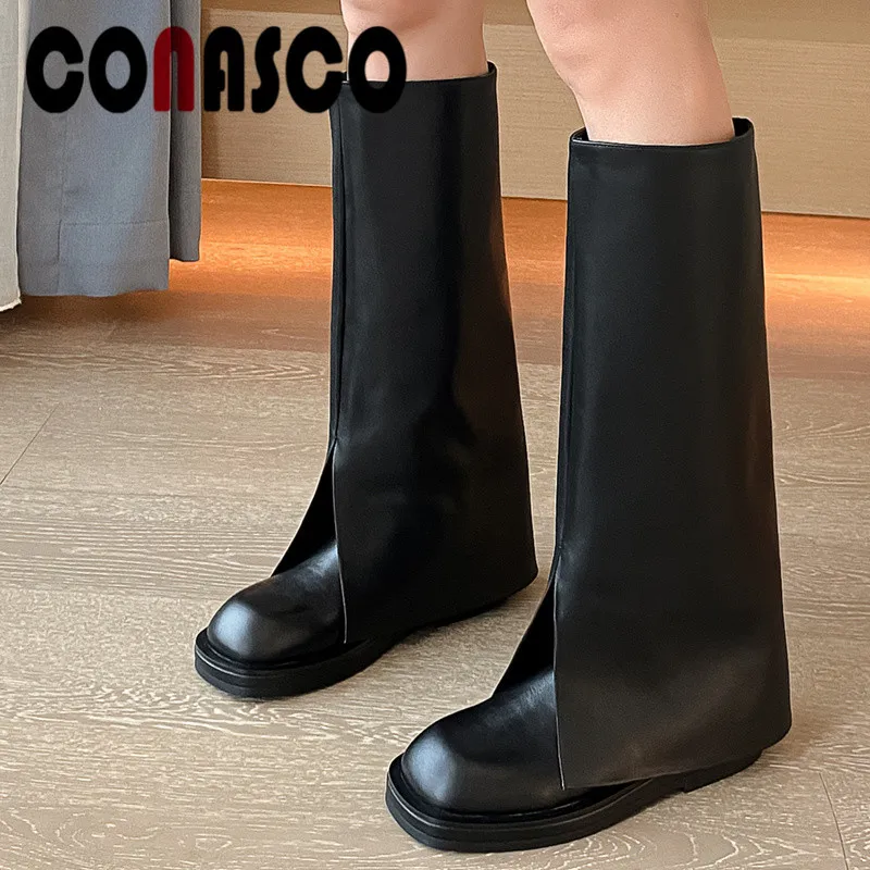 

CONASC Fashion Women Knee High Boots Autumn Winter Warm Cow Leather Causal Prom Office Lady Concise High Quality Shoes Woman