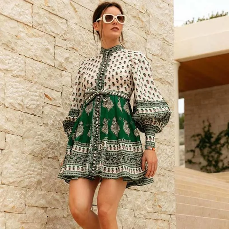 

Casual Vrouwen Jurk Vintage O-hals Enkele Breasted Lantaarn Mouw Afdrukken Bandage Bohemian Engeland Zomer A-lijn Jurk Dress