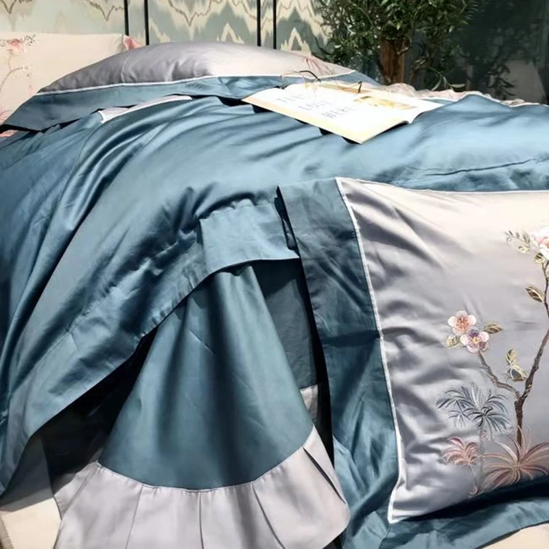 Chic Chinoiserie style Flowers Embroidered Gray Blue Duvet Cover set 600TC Egyptian Cotton 4Pcs Bedding Bed Sheet Pillowcase | Дом и сад