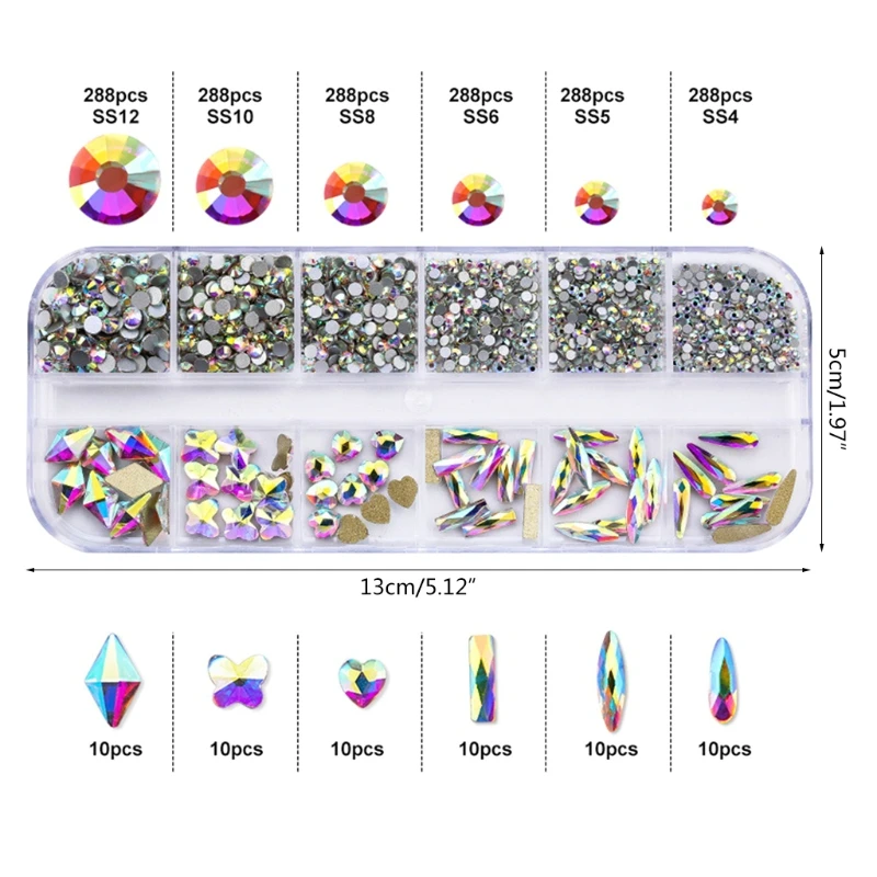 

Y1UF 12 Grids Glass Nail Art Decorations Multi-Shape Multi-Size Nails Ornaments Manicure Decor DIY Crafts Accessories