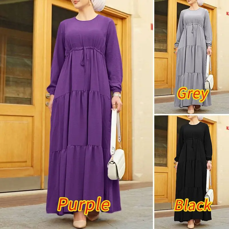 

Middle East Dubai Fashion Drawstring Long Sleeve Maxi Muslim Kaftan Casual Robe Turban Dress Islamic Clothing Abayas For Women