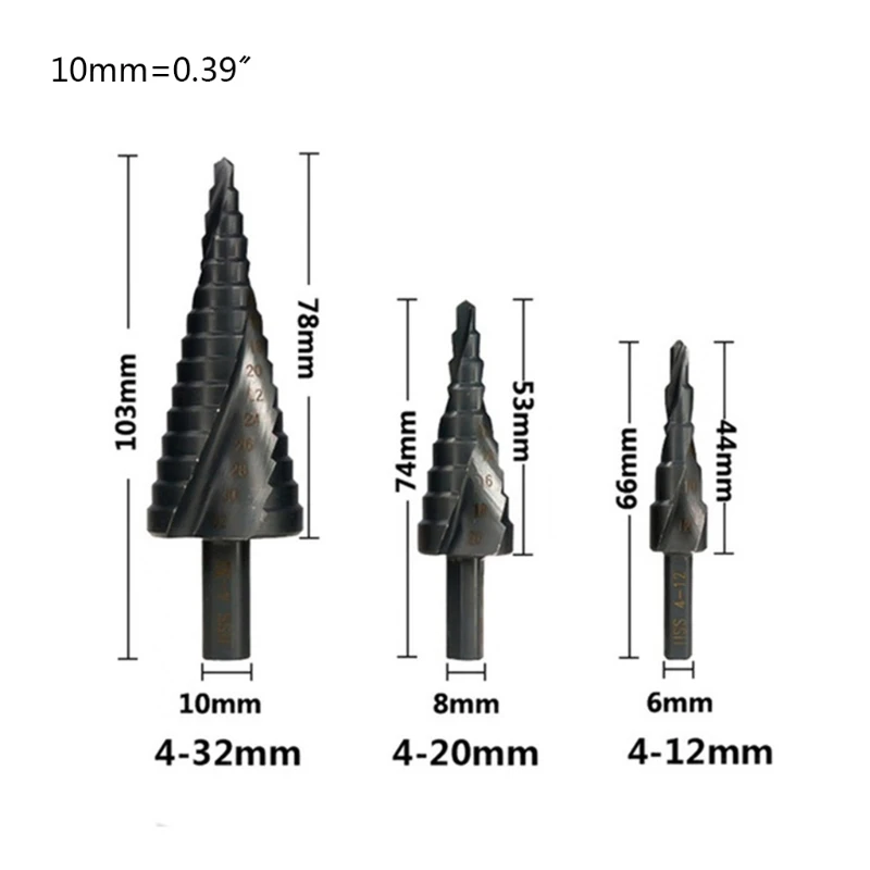 

K1KA 3 Pieces High Quality Hss Spiral Groove Titanium-Coated Step Drill for Perforated Metal Iron Aluminum Set Black