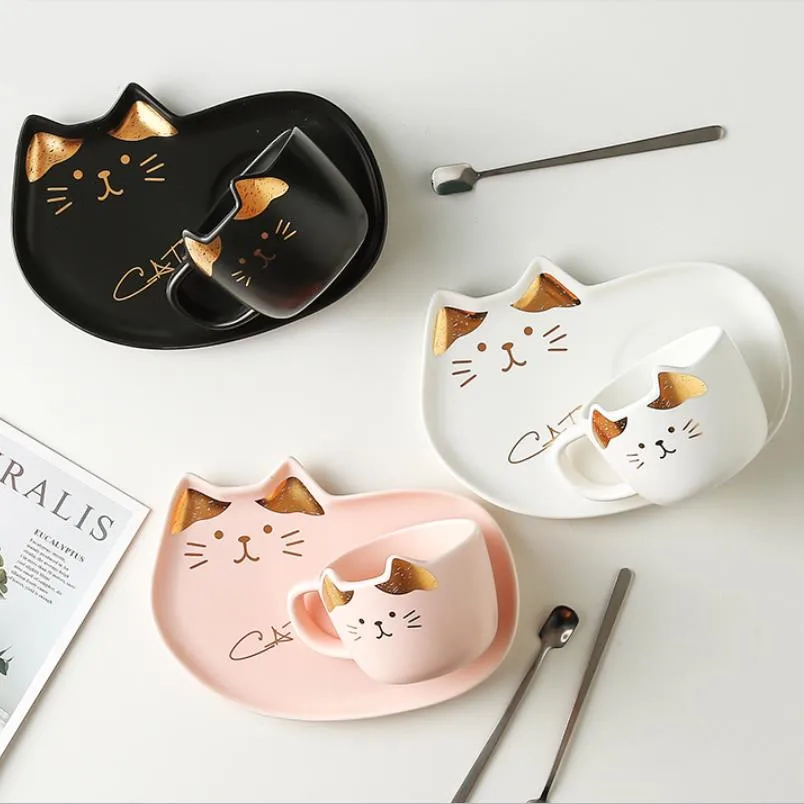 

Керамическая кофейная чашка с блюдцем и ложкой, креативная Милая чайная чашка с мультяшным котом, кружка для завтрака, молока, кофе, хлеба, д...
