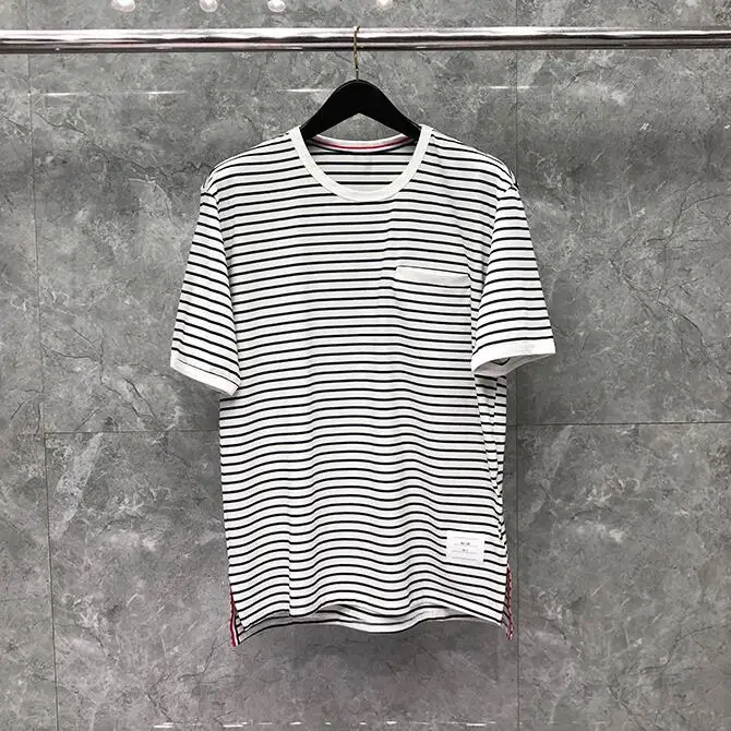 

2021 New Fashion Brand T-shirt O-Neck Collar Stripes Short-sleeved T-shirt Loose Men Cotton Summer Casual Clothing