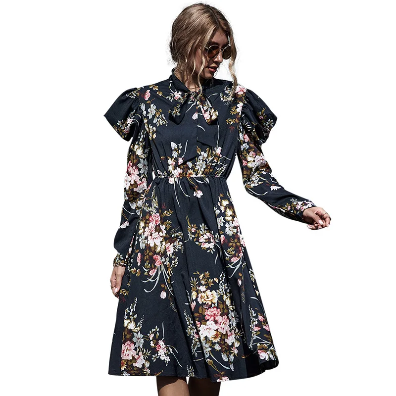 

Black floral slim dress fashion temperament casual autumn dress