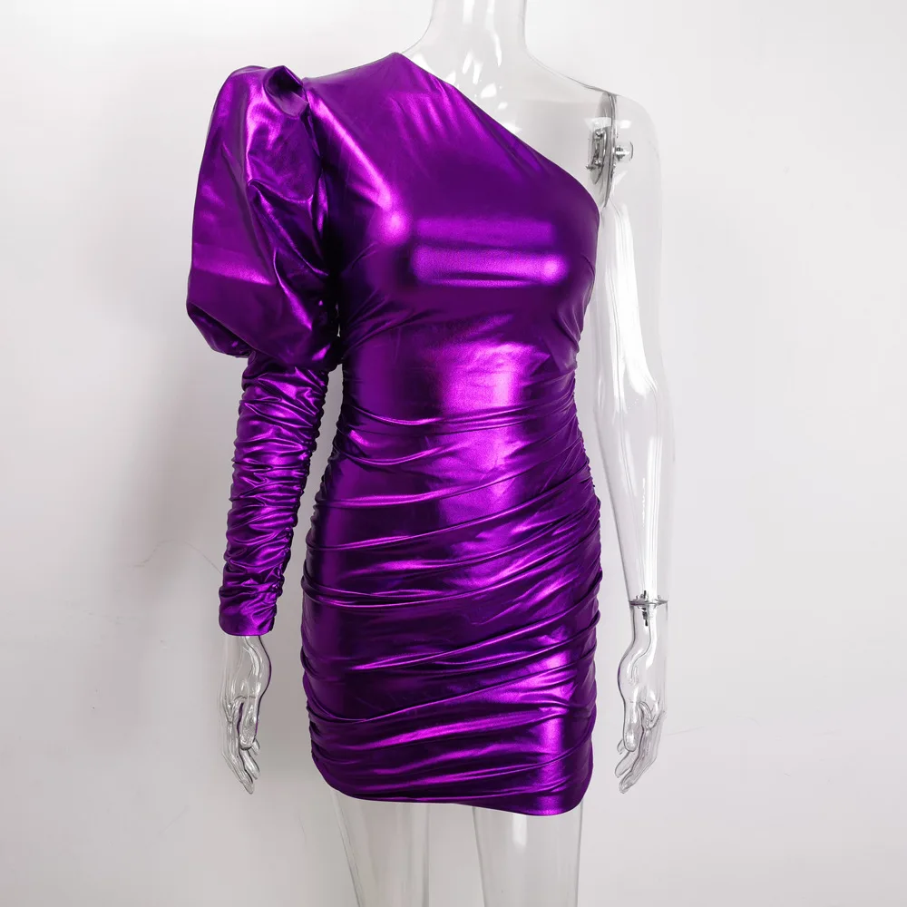

Women's sexy one-shoulder puff sleeve metal solid color slim fit party nightclub ultra short dress