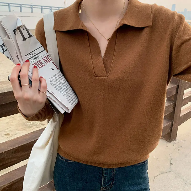 Пуловер женский трикотажный с отворотом и длинным рукавом Осень-зима | Женская