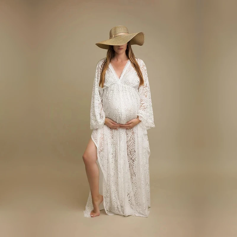 

Bohemian Lace Maternity Photo Shoot Long Dresses Sides Slit Pregnant Woman Photography Clothes Long Dress See Through