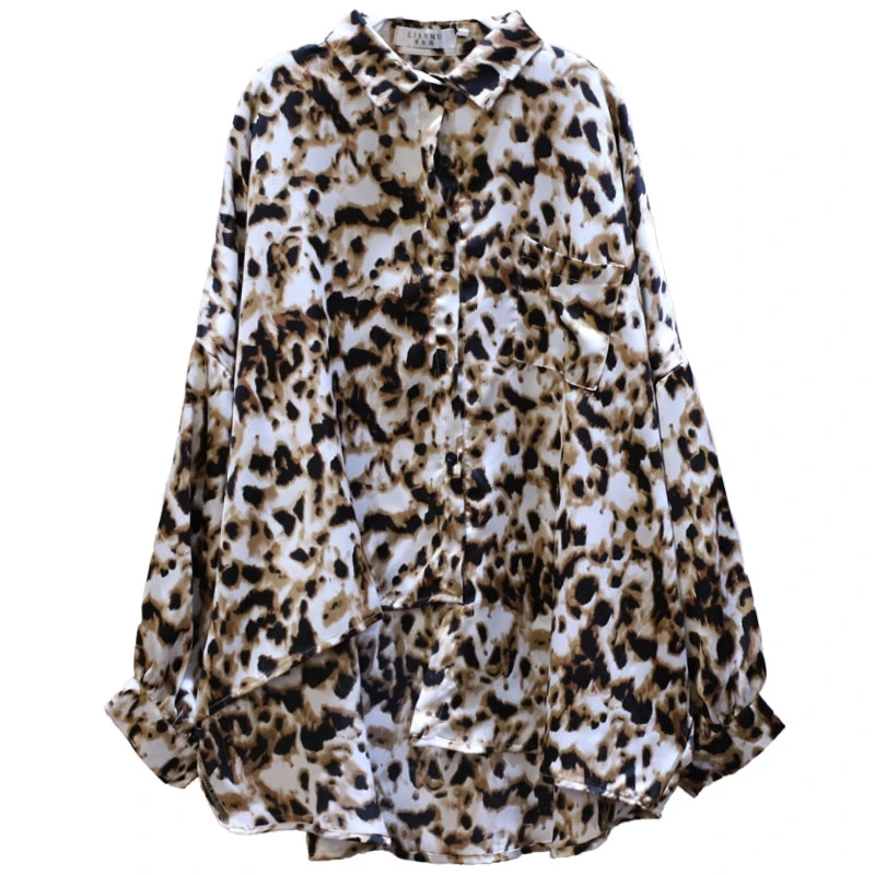 

IEQJ 2021 Spring summer New Full Sleeve Lapel Collar Leopard Print Over Size Loose Wild Women's Fashion Office Lady Shirt TU314