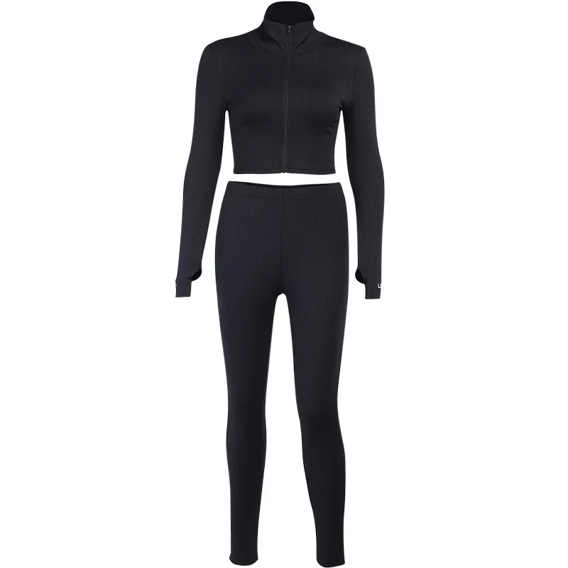 

New Two Piece Set High Neck Strip Embroidered Letters Zipper Long Sleeve Crop Top + High Waist Leggings Sports Outfits Tracksuit