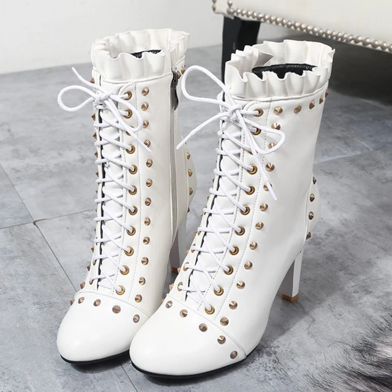 

ENMAYER Rivet Boots for Women Round Toe Thin Heels PU Motorcycle Boots Super High Solid Fleeces Winter White Boots Red