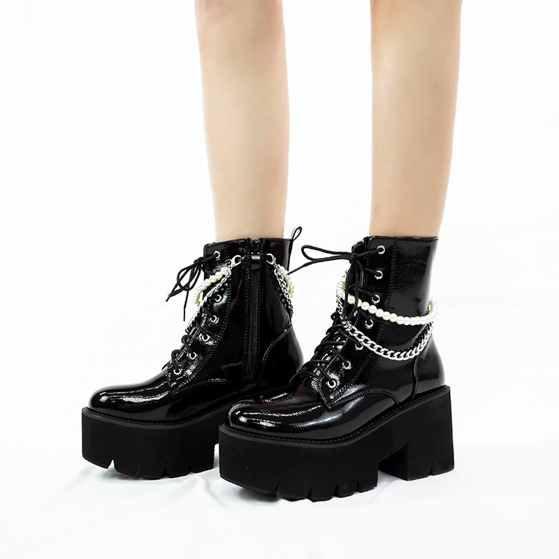 

Punk Wind Ankle Boots Zipper Gothic Patent Leather Black Women's Heel Boots Beaded Chain Chunky Heel Boots Women...