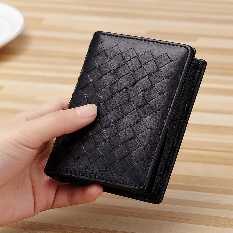 

Genuine Leather Weave Business Card Holder Wallets For Men Credit Card Driving License Bag Lady Coin Purse Card Pouch Case