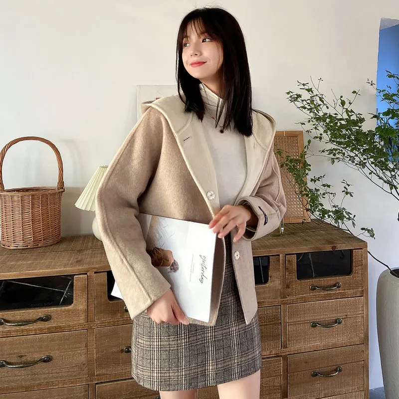 

Short Single Breasted Hooded Double Faced Cashmere Jacket for Women's Office Lady Woolen Coat Blends Autumn Winter High Quality
