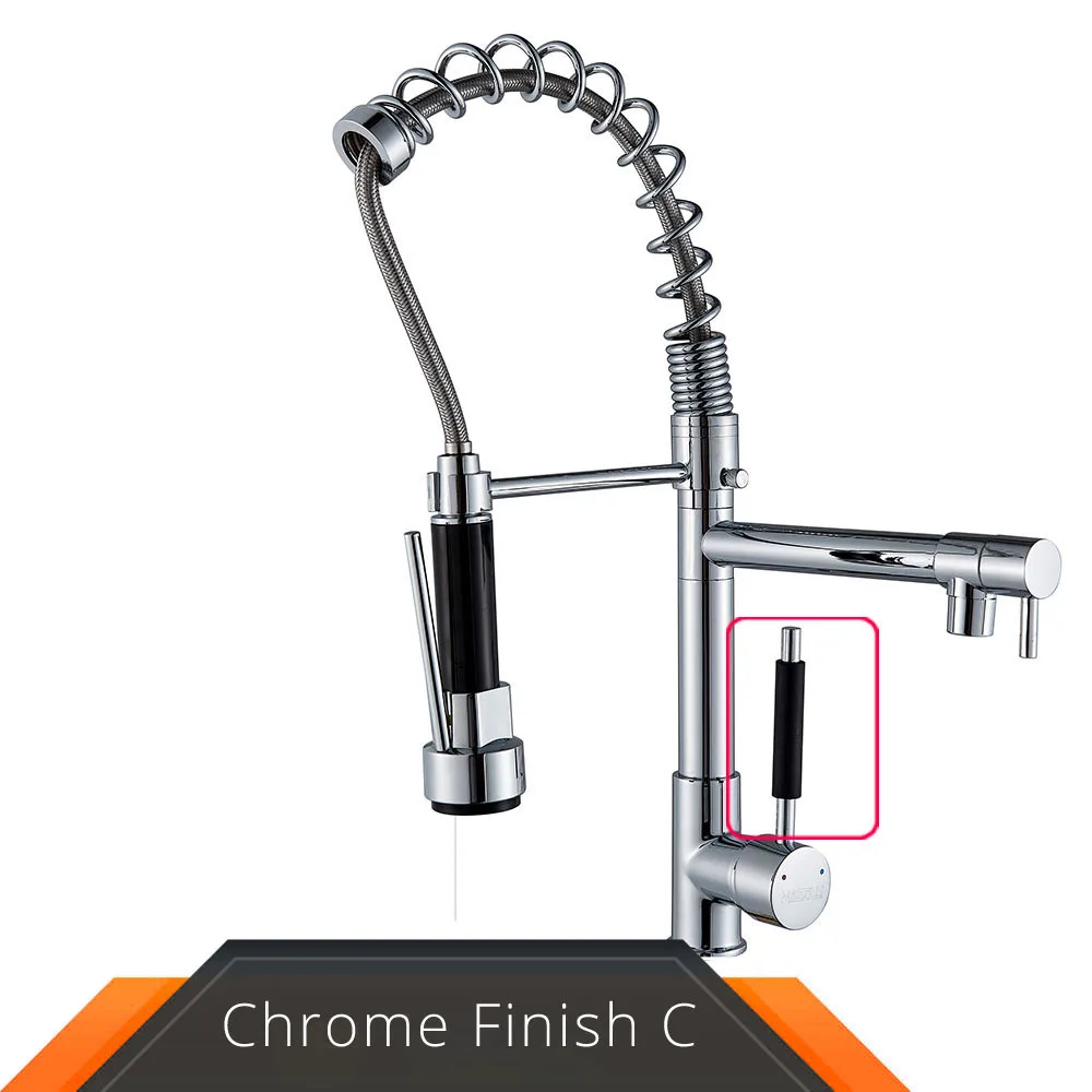 Chrome Весна Тянуть Вниз Смеситель для кухни двойной носики 360 Поворотный ручной душ смеситель для кухни кран горячая холодная 2 Outlet, весна краны - Цвет: Chrome Black knob