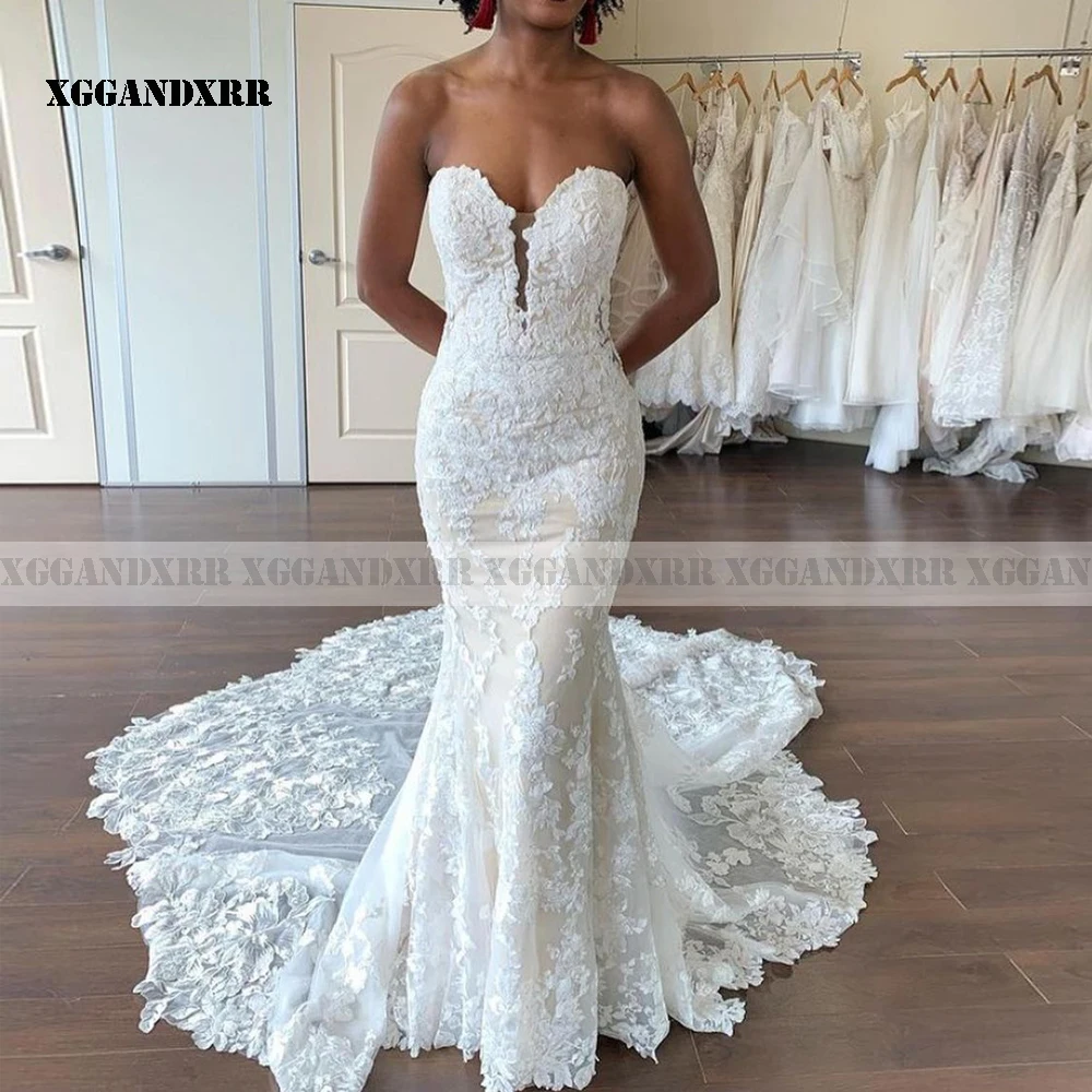 

Sexy Mermaid Lace Wedding Dress 2021 Sweetheart Backless Royal Train with Flower Shape Low Back Bridal Gown Lace Applique Tulle