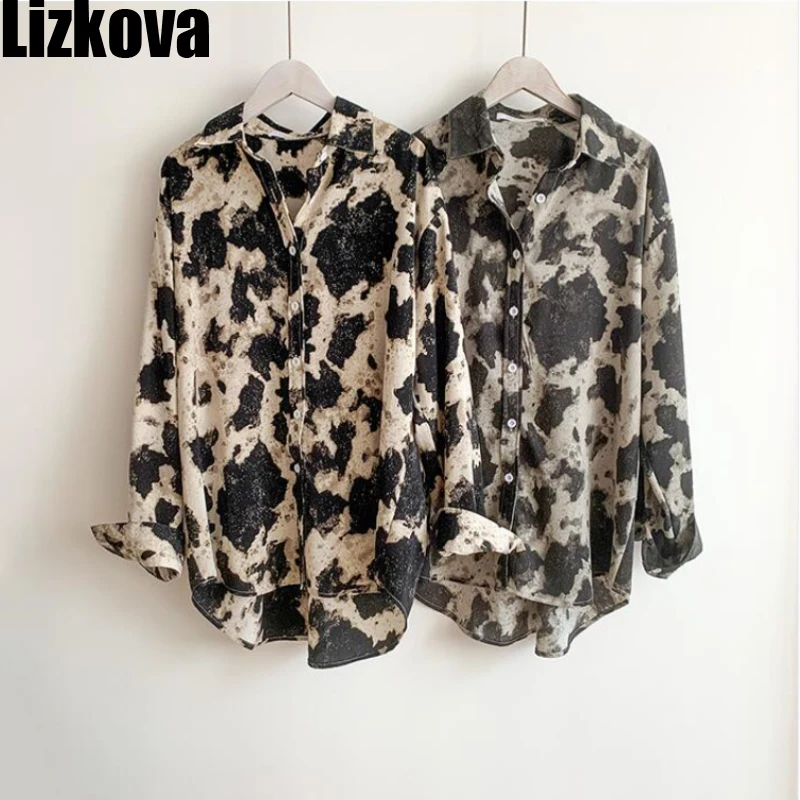 

Lizkova Cow Print Blouse Women Long Sleeve Oversized Chiffon Shirt Spring 2021 Korean Style Hip Hop Chemise Femme 7801