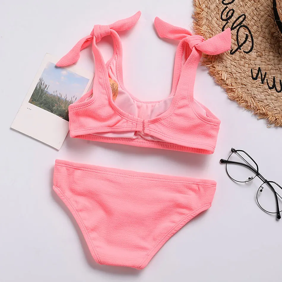 Bow Tie Girl Swimsuit Kids 7-14Years Girl Bikini Set Solid Two Piece Children's Swimwear Padded Girl Bathing Suit Beachwear 2021