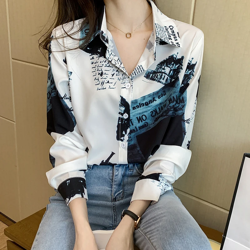 

Fashion Long Sleeve Blouse England Style Office Lady Elegant Print Shirt Blouse Women Buttons Loose Top Blusa 2021