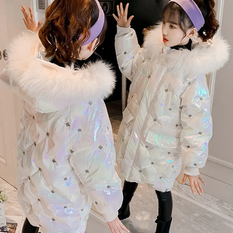 

Winter Shiny Jacket for Girls Hooded Warm Children Girls Winter Coat 5-15 Years Kids Teenage Cotton Parkas Outerwear Clothing