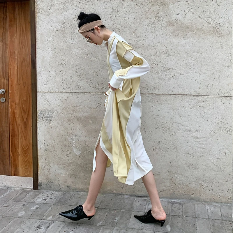 

Johnature 2021 Spring New Chiffon Hit Color Bohemian Shirt Dresses For Women Summer Loose Slits Button Women Dress