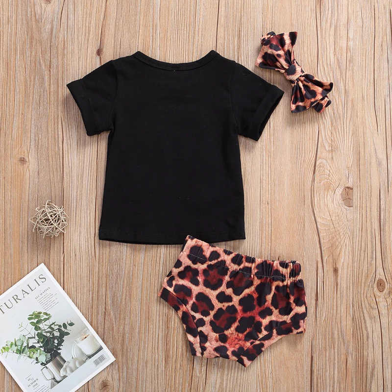

2020 New Fashion 0-24M Toddler Kids Girl Summer Suit Printed Black Short Sleeve Shirt Shorts Casual Headband 3 Pieces