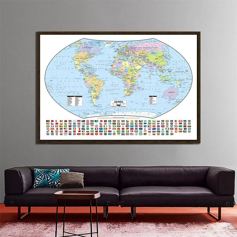 

150x100cm The World Hammer Projection Map with National Flags for Culture and Education World Map Wall Decor