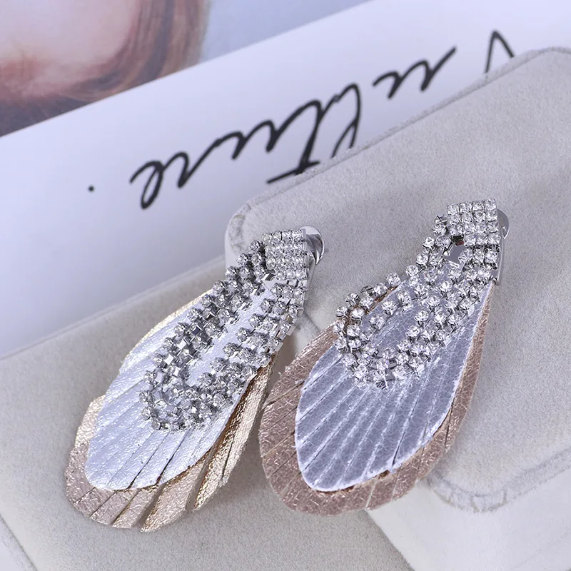 

European and American Fashion Inlaid Zircon Tassel Detachable Dual-Use Leather Earrings