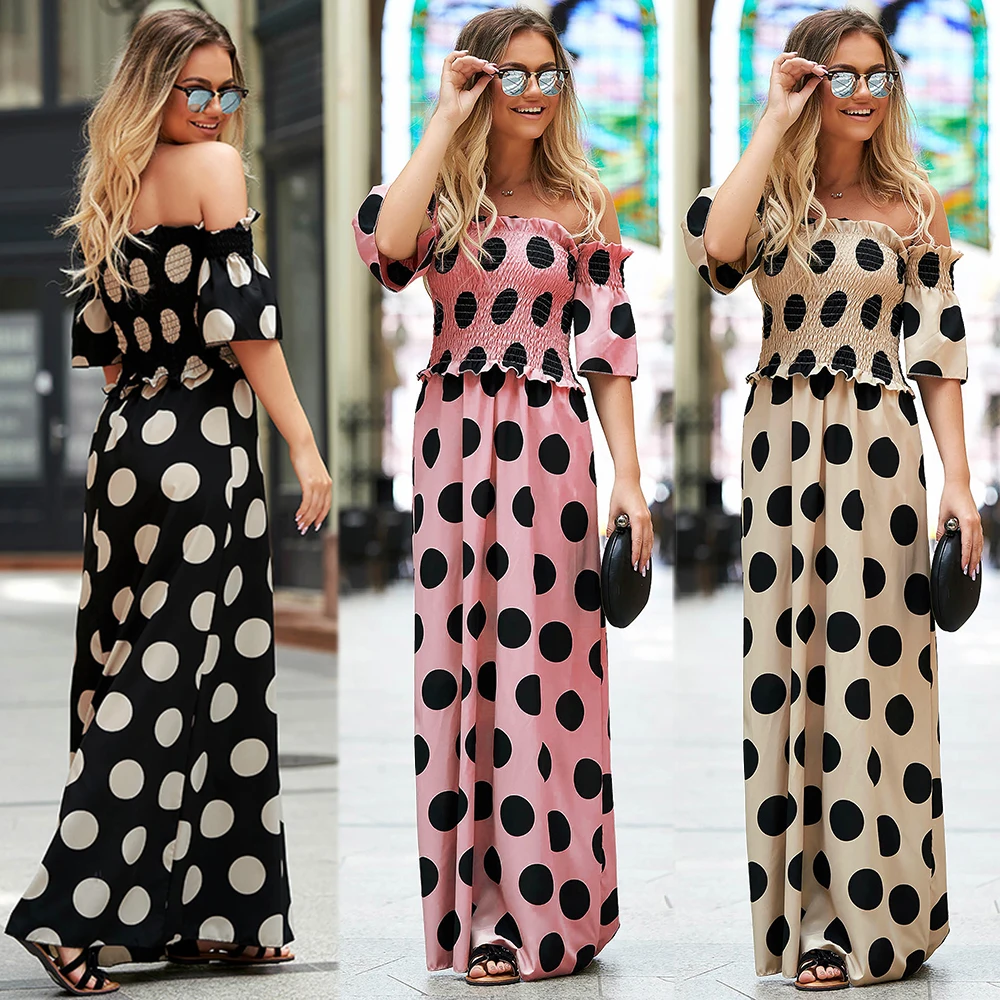

Women's Dress Summer 2021 Polka Dot Boho A-line Skirt One-shoulder Dress Fashion Casual Sexy Female Backless Sundress Bohemian