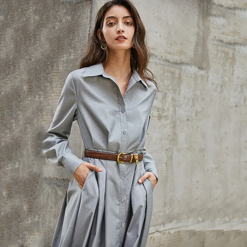 

[EAM] Women Gray Pleated Brief Long Big Size Dress New Lapel Long Sleeve Loose Fit Fashion Tide Spring Autumn 2021 1Z464