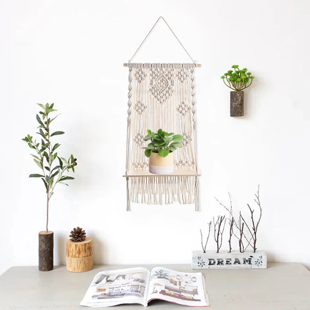 Soporte para maceta de flores para colgar en la pared, estante de almacenamiento de tapiz bohemio, dise&ntilde;o &uacute;nico hecho a mano, 36x65cm, decoraci&oacute;n Bohemia para el hogar-5