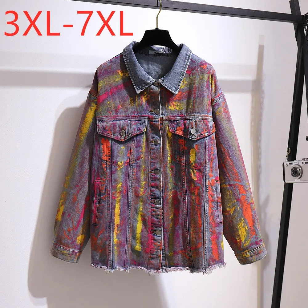 

2021 Autumn Winter Plus Size Denim Jacket For Women Large Long Sleeve Loose Colorful Print Coat Oversize 3XL 4XL 5XL 6XL 7XL